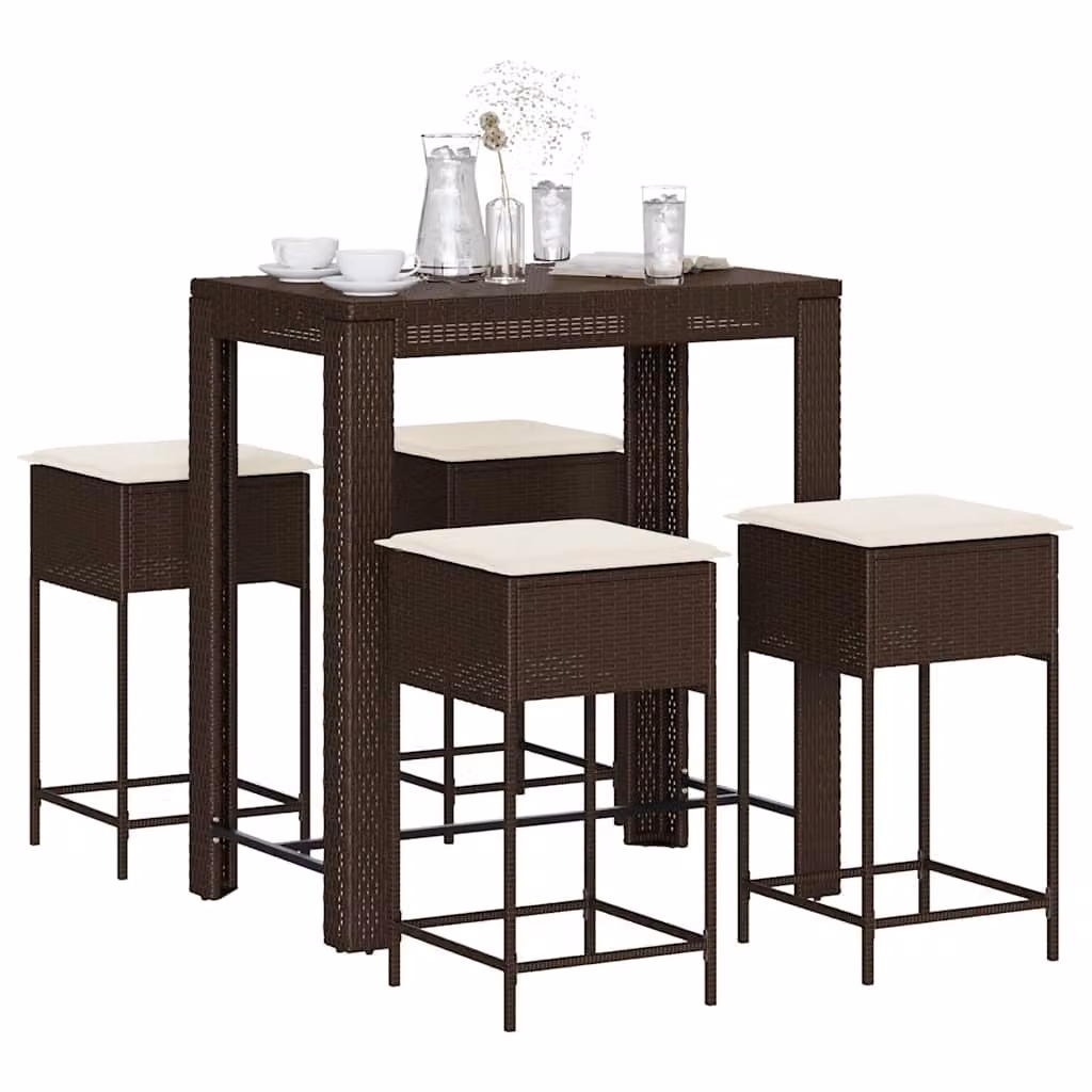 Set Bar da Giardino vidaXL in Polyrattan Marrone e Bianco con 5 Pezzi e Cuscini