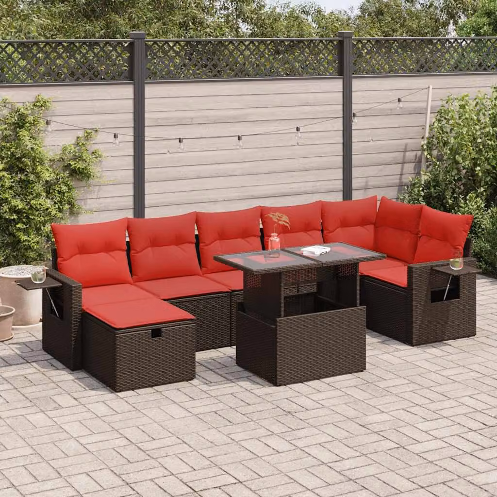 Set Divani da Giardino vidaXL a Forma di L con Cuscini e Tavolino, Polyrattan e Legno di Acacia, Marrone