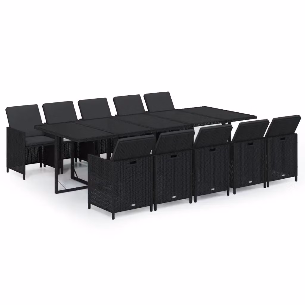 Set da Pranzo da Giardino Moderno vidaXL in Polyrattan Nero con Cuscini e Tavolo in Vetro, 11 Pezzi – 2