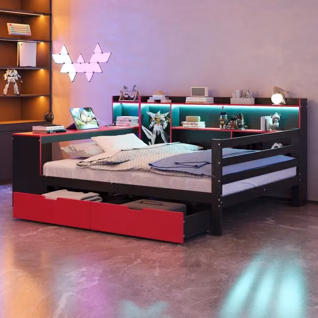 Letto divano matrimoniale 140 × 200 cm con scrivania, LED, prese e USB, senza materasso, nero e rosso