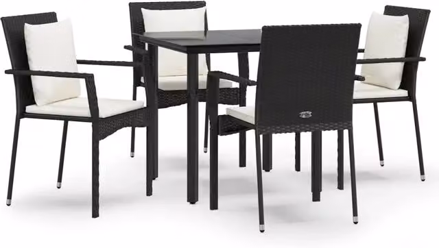 Set da Pranzo da Giardino 5 pz | Set Salotto da Giardino Nero con Cuscini in Polyrattan