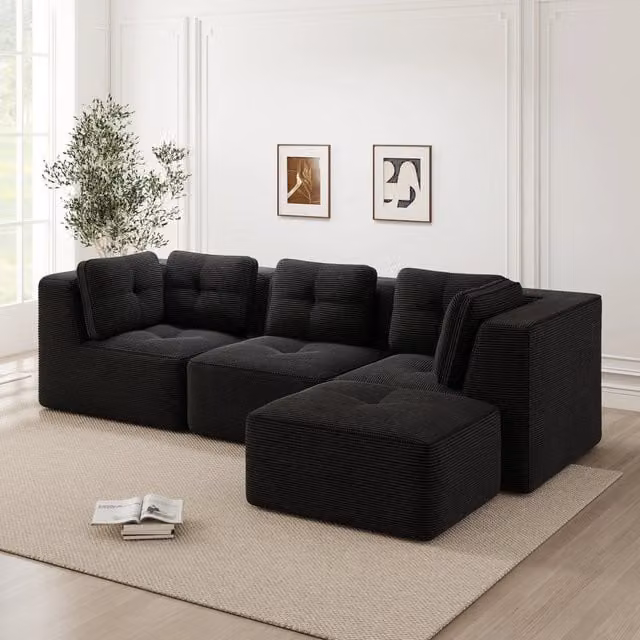 Divano Angolare Modulare 3 Posti con Penisola ¨C MINIMAL ¨C Velluto a Coste, Nero