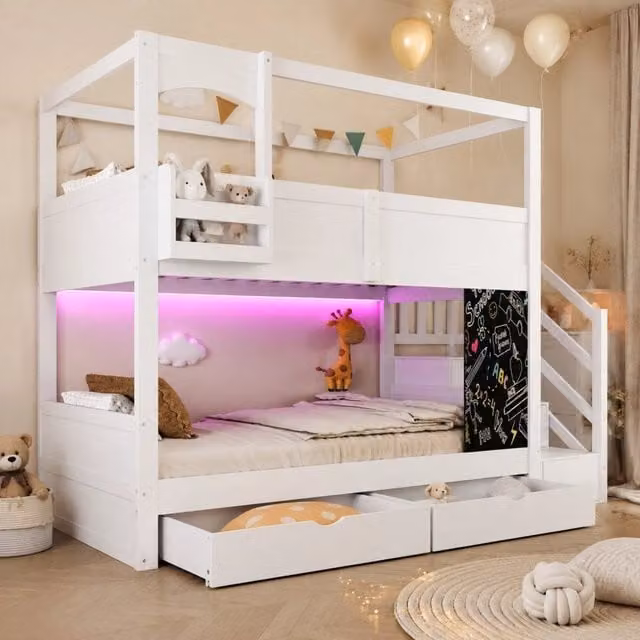 Letto a castello 90x200 cm bianco in legno con scala contenitore, senza materasso