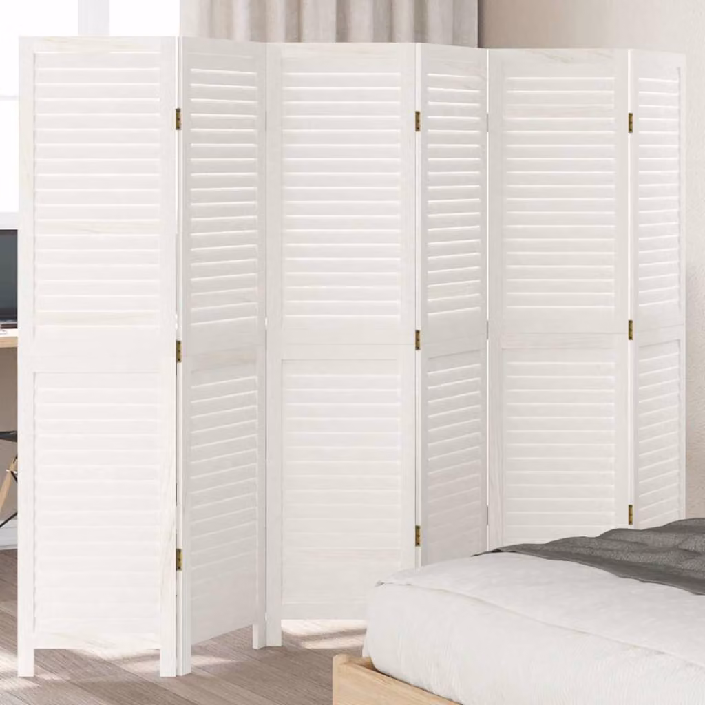 Divisorio Ambienti vidaXL con 6 Pannelli in Legno Massello di Paulownia Bianco Retrò, H: 160 cm, L: 215 cm