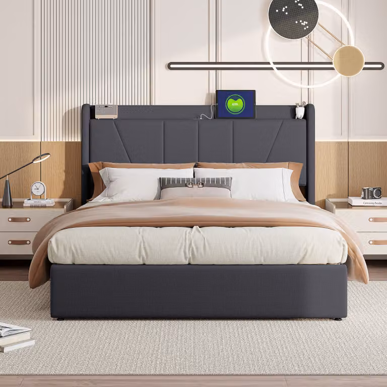 Letto 160x200 cm con porta USB di tipo C, spazio contenitore e rete a doghe, colore grigio
