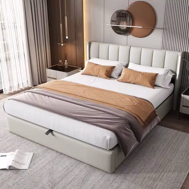 Letto Contenitore Imbottito LED 180x200 ¨C Xylo ¨C Grigio, Testiera Regolabile, USB, Idraulico, Similpelle