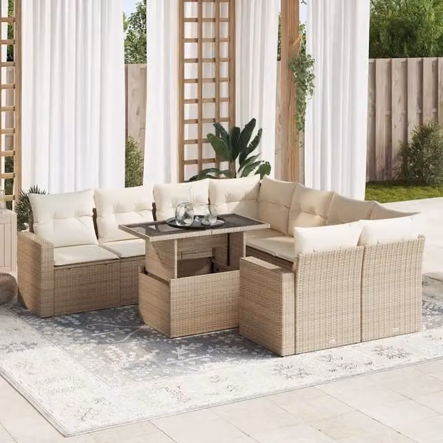 Set Divano da Giardino 9 pz vidaXL con Cuscini Beige e Tavolino in Vetro – 1