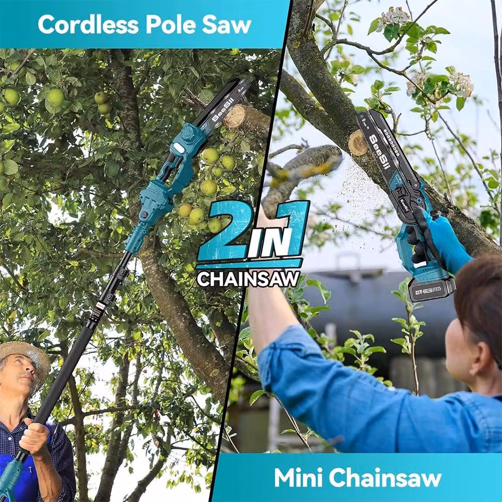 Troncatrice a batteria - Troncatrice a stantuffo - Lame da 20 cm - Prolunga da 3 metri - 2 batterie da 2,0 Ah - Ideale per la potatura degli alberi