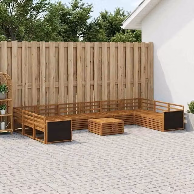 Set di divani da giardino a forma di U vidaXL in legno di acacia massello marrone con 11 pezzi e cuscini inclusi – 1