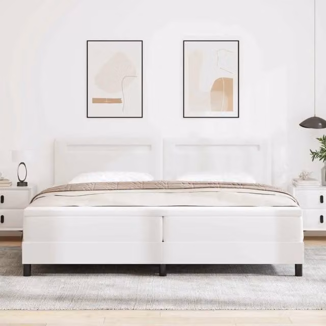 Letto a molle con testiera vidaXL in pelle sintetica bianca con illuminazione sottostante e porta USB, L/P: 200 x 200 cm, H: 280 cm