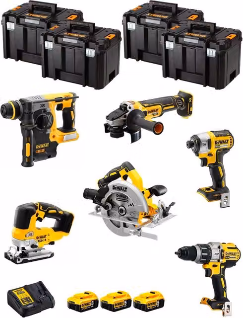 Kit DeWALT DWK601T composto da avvitatore, trapano, smerigliatrice, altri utensili e batterie da 5,0 Ah con contenitori TSTAK VI, colore giallo