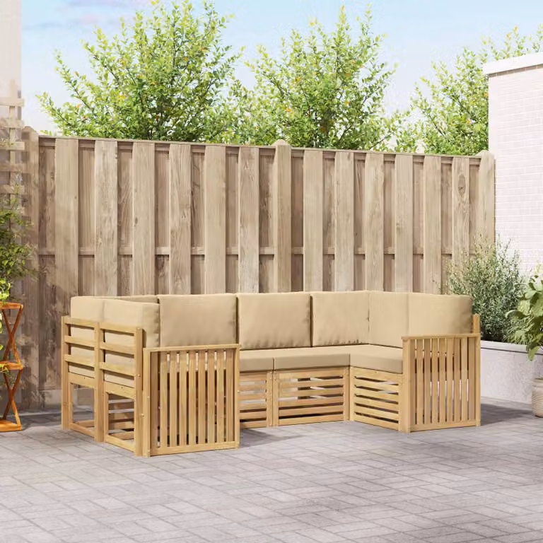 Set di divani da esterno vidaXL a forma di L composto da 6 pezzi in legno di acacia con cuscini in tessuto bianco, beige e marrone