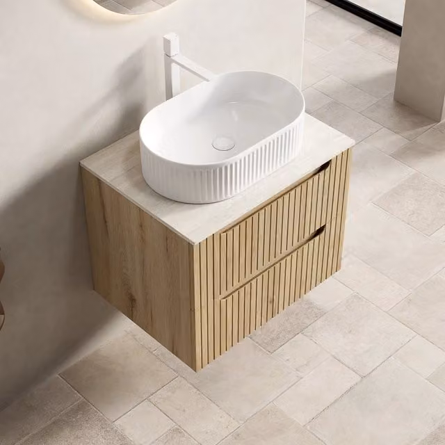 Mobile bagno sospeso con lavabo ovale in ceramica e 2 cassetti ammortizzati piano sinterizzato rovere bianco 60 cm