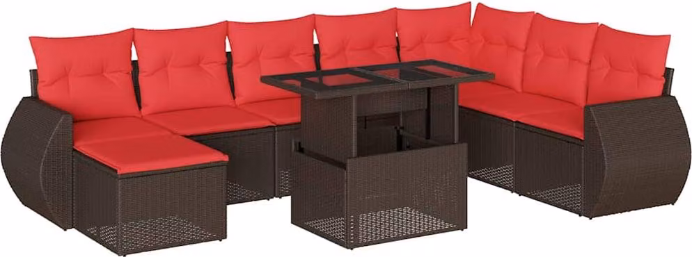 Set Divani da Giardino 9 pz con Cuscini Marrone in Polyrattan