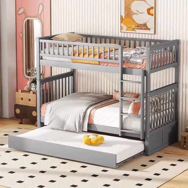 Letto a Castello Triplo per Bambini con Letto Estraibile ¨C Xylo ¨C Grigio 90x200