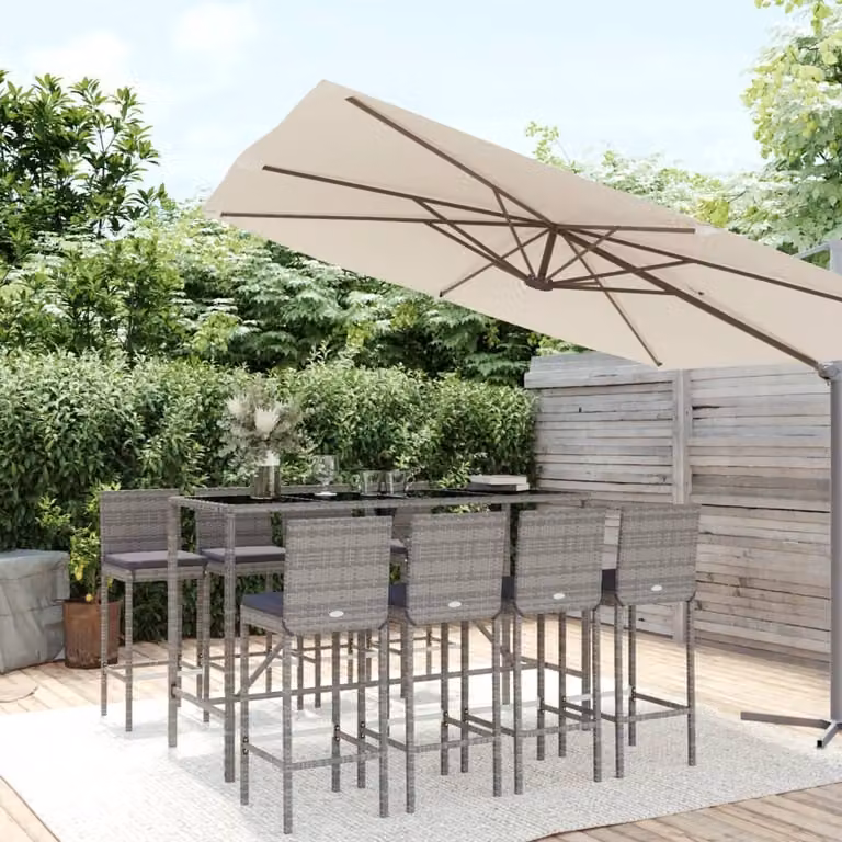 The Living Store Set bar da giardino 9 pezzi con cuscini in poly rattan grigio