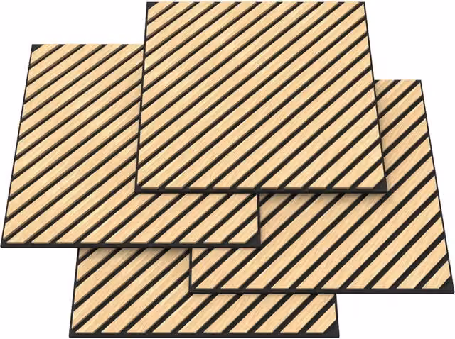 Confezione da 16 pannelli acustici NEU.HOLZ con doghe diagonali effetto rovere chiaro beige, superficie 5,76 m² – 1