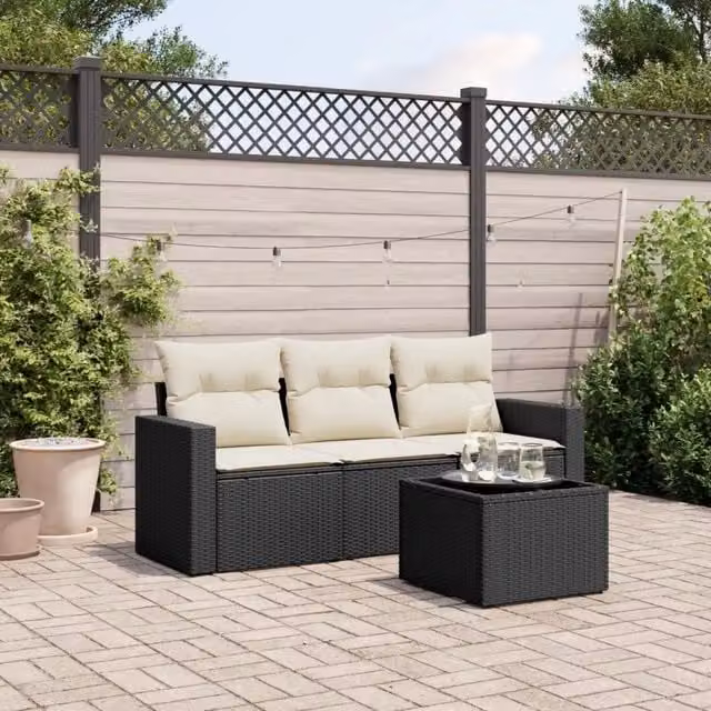 Set Divani da Giardino 4 pz con Cuscini Nero in Polyrattan 3251003