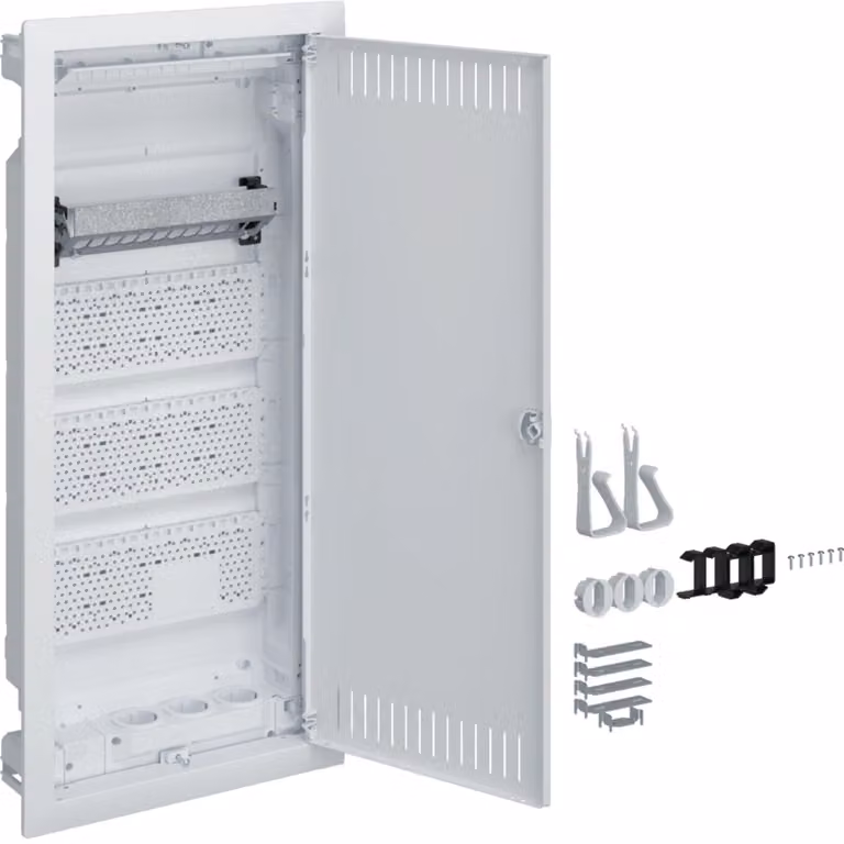 Quadro di distribuzione piccolo Hager VU48NW volta Multimedia IP30 in plastica da incasso a 4 file con porta in lamiera d'acciaio asolata bianca LxHxP 348x755,5x98 mm