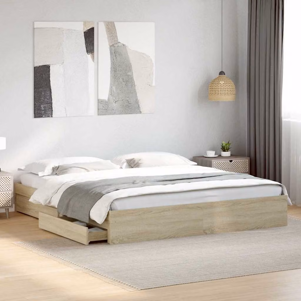 vidaXL Giroletto con Cassetti in Legno Multistrato Rovere Sonoma, L/P/H: 200 x 200 x 28 cm