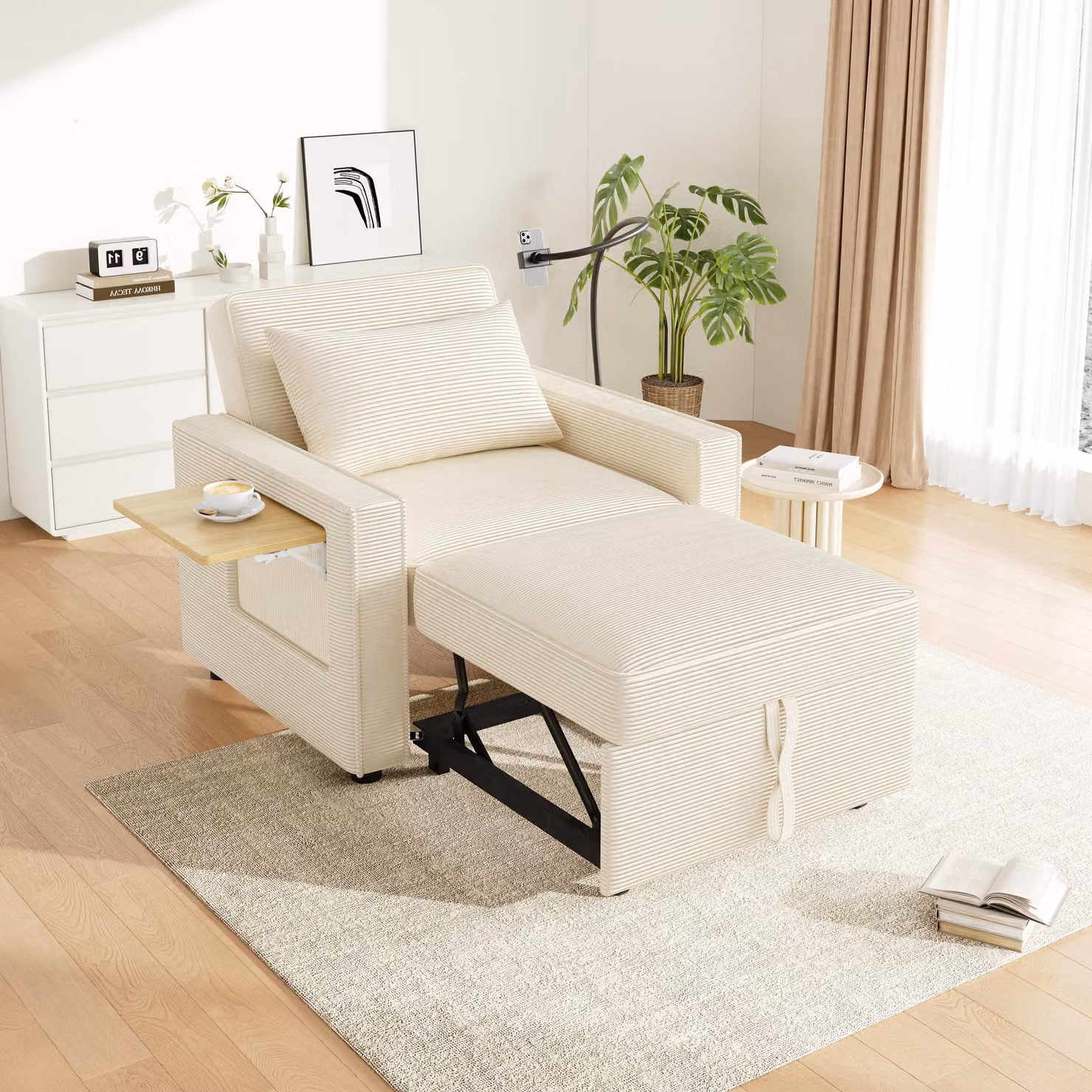 MODFU Poltrona multifunzionale pieghevole e pieghevole con caricatore USB, con funzione di riposo, poltrona relax pieghevole con porta telefono, Beige