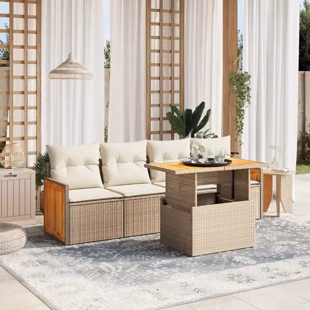 Set Divano da Giardino Moderno VIDAXL in Polyrattan con 5 Cuscini Beige