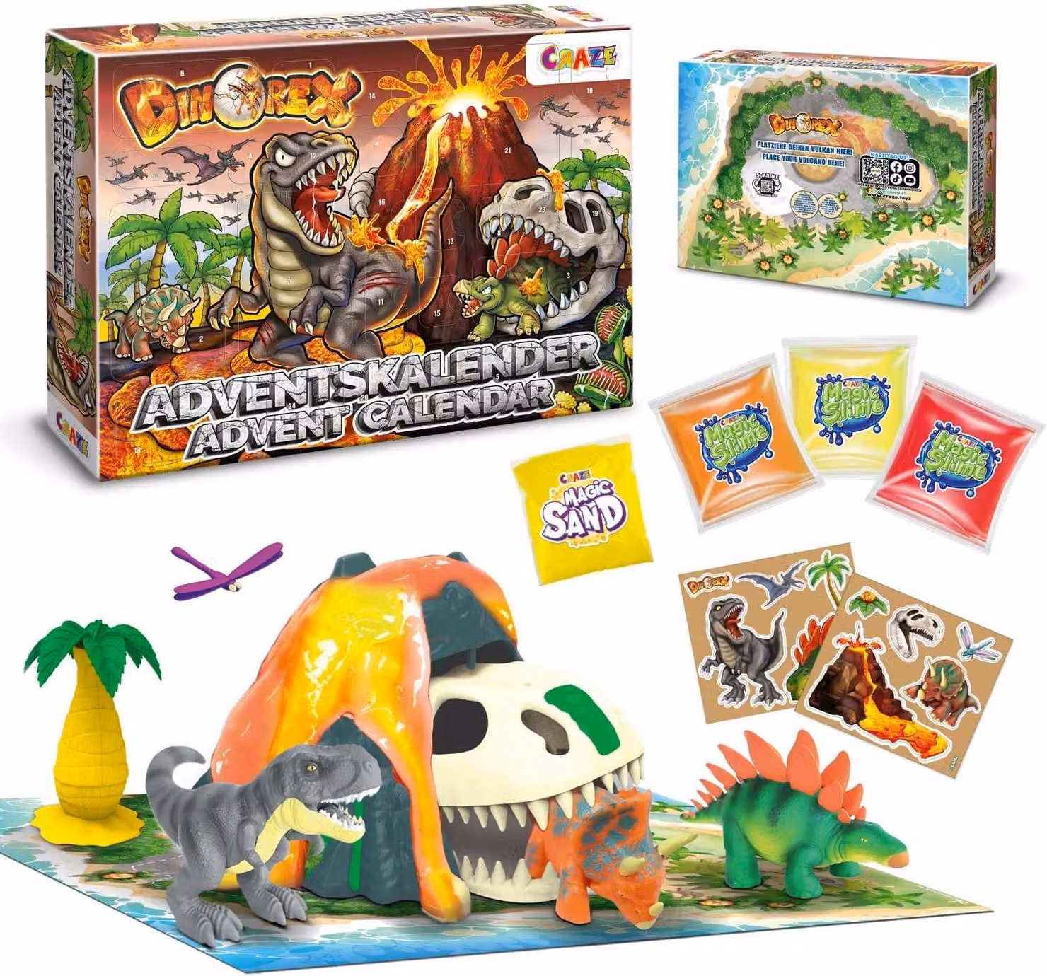 Calendario dell'Avvento 2022 per bambini DINOREX - Set di giocattoli a tema dinosauri con vulcano e lava - Calendario dell'Avvento natalizio per bambini - Disponibile in vari colori