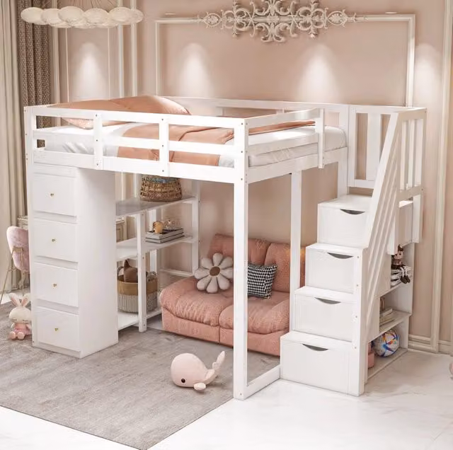 Letto a soppalco 140x200 cm con 4 cassetti; 3 ripiani e scala contenitore; bianco