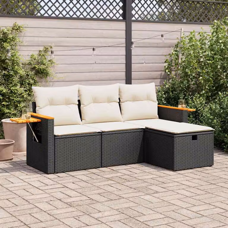 Set di divani da giardino vidaXL in polyrattan nero con cuscini, componibile a forma di L per esterno