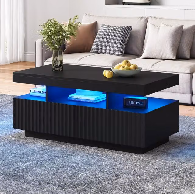 Tavolino da caffè nero 100 x 50 x 45 cm con 2 cassetti, vano aperto e LED