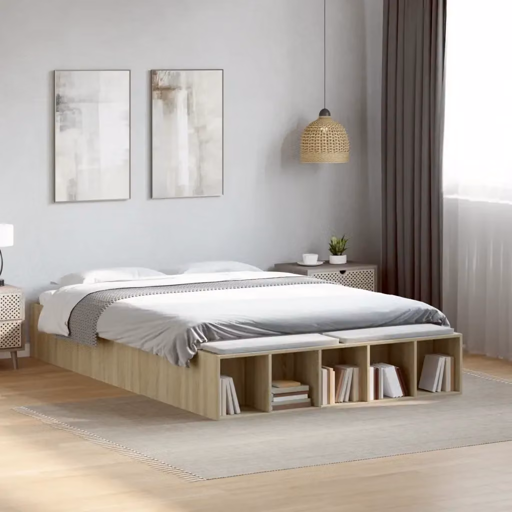 Letto matrimoniale moderno Design In in legno composito color rovere con scomparti laterali L/P/H: 120 x 200 cm – 2