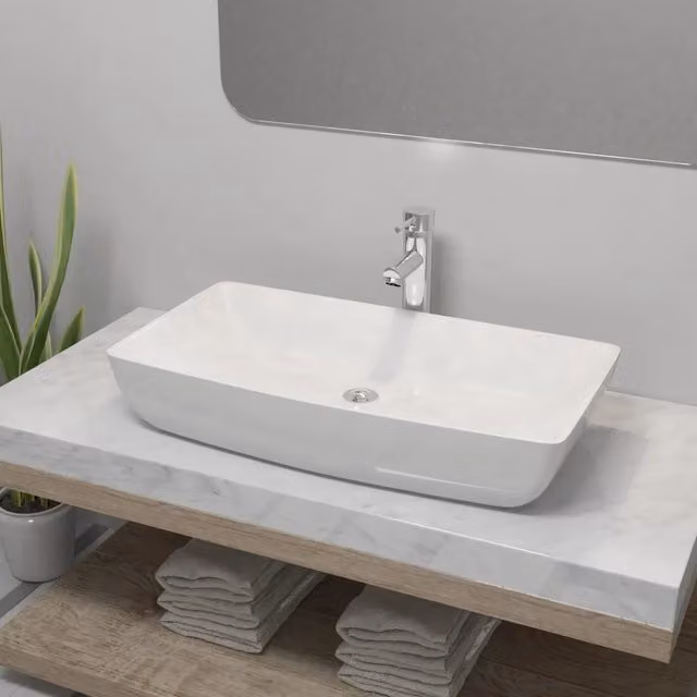 Lavello da appoggio rettangolare in ceramica bianca con miscelatore argento vidaXL L: 71,0 cm, P: 38,0 cm, H: 13,5 cm