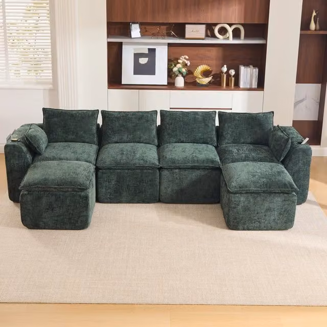 Divano Modulare 4 Posti MINIMAL Verde Scuro con Poggiapiedi, Tessuto Chenille e Portabicchieri, L/P/H: 322 x 161 x 77 cm – 1