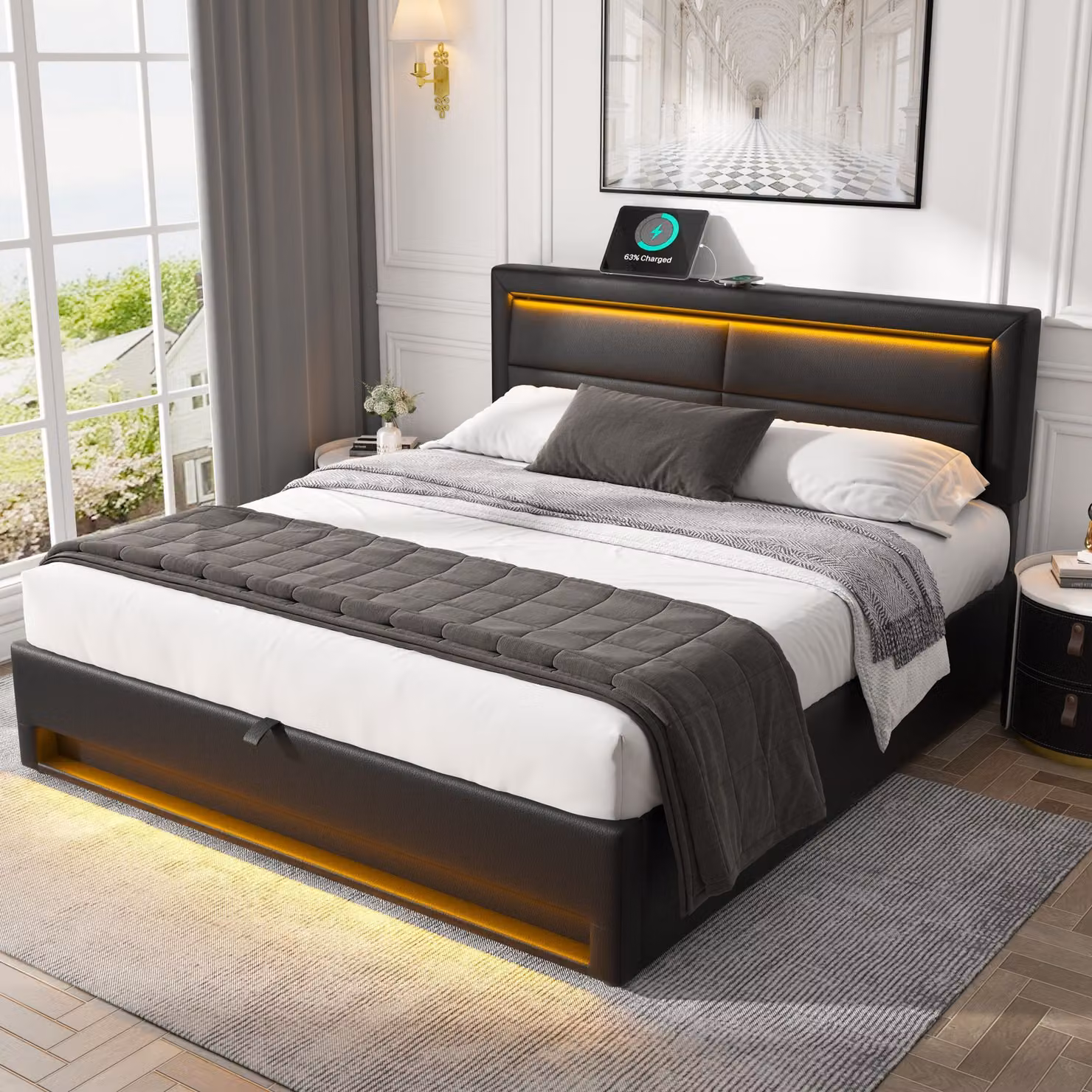 okwish Letto imbottito Boxspring 140 x 190 cm con testata regolabile e porta di ricarica USB, letto idraulico con contenitore (senza materasso) - nero