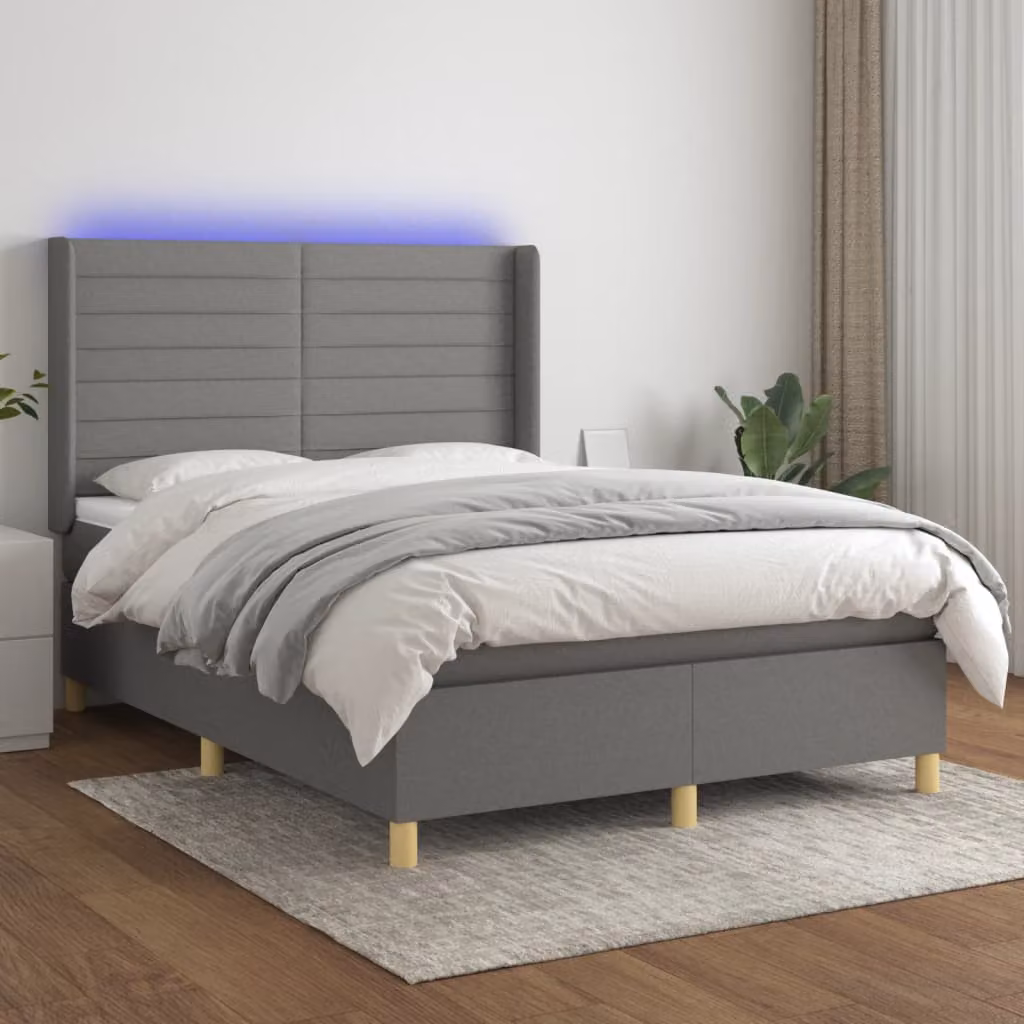 Letto Ibrido con Materasso e Illuminazione LED vidaXL in Tessuto Grigio Scuro L: 140 cm, P: 200 cm, H: 128 cm – 1