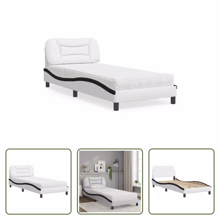 The Living Store Letto con materasso bianco e nero 80x200 cm in ecopelle