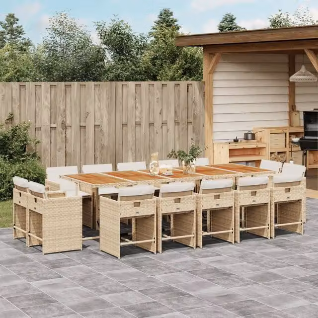 Set da pranzo da giardino vidaXL in polyrattan con cuscini beige e tavolo in legno di acacia, 15 pezzi