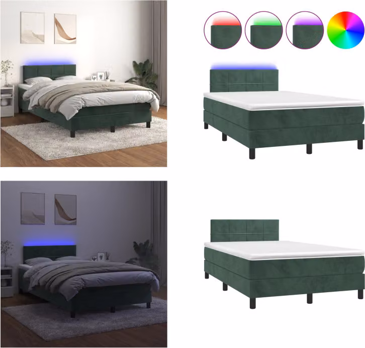 vidaXL Letto a molle con materasso e LED verde scuro 120x200 cm in velluto - Letto a molle - Boxspringbetten - Bett - Betten