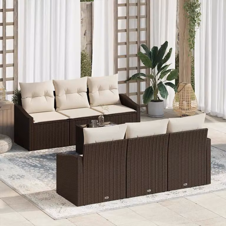 Set di divani da giardino vidaXL in rattan con cuscini, 7 pezzi, Marrone e Beige