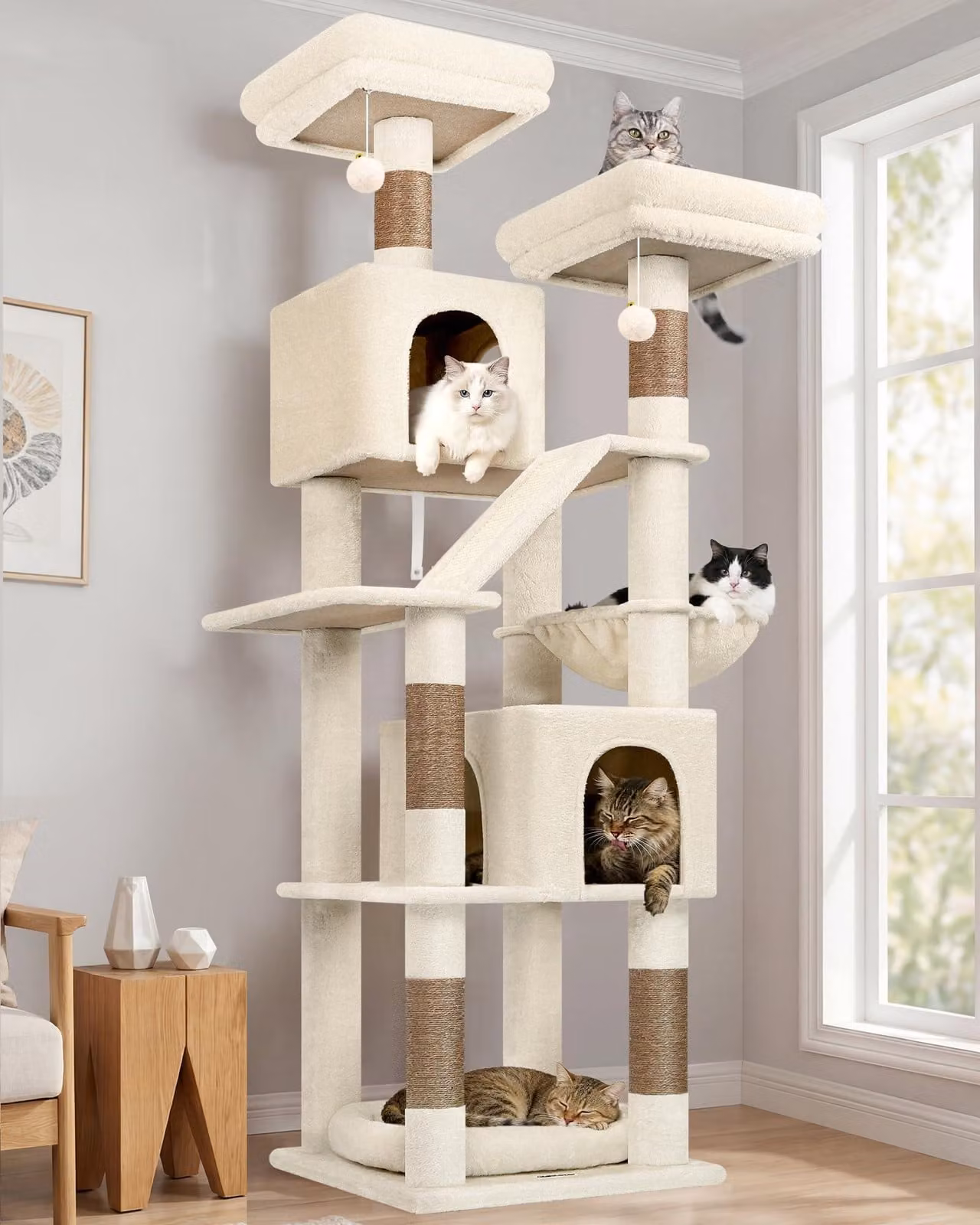 Albero per gatti XXL, alto 183 cm, con 2 casette, una rampa in sisal, 2 posatoi imbottiti e 2 ceste, ideale per gatti