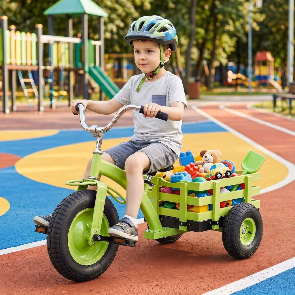 Triciclo per bambini con ruote in gomma gonfiabili e manubrio e sedile regolabili, colore verde – 2