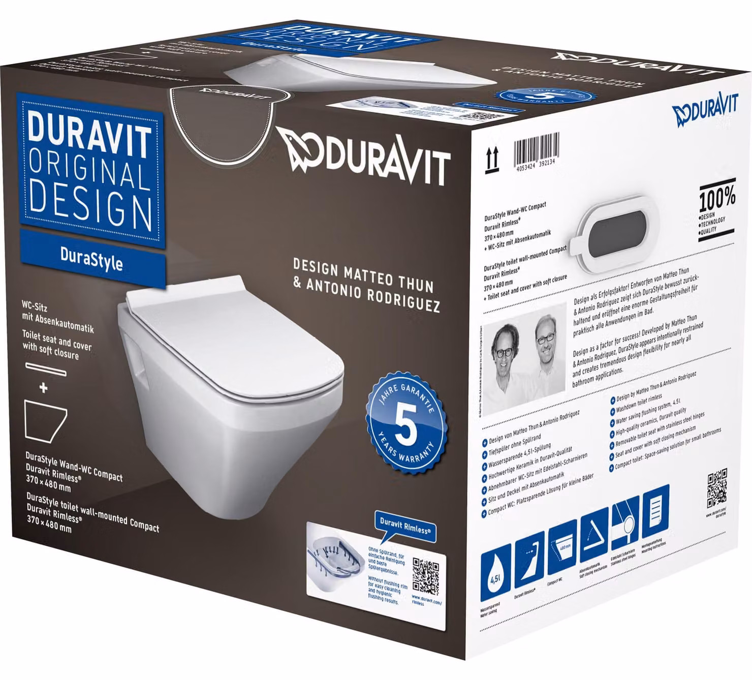 Ensemble de wc suspendu Duravit DuraStyle Compact, sans rebord, avec siège de WC, blanc, 45710900A1, 45710900A1