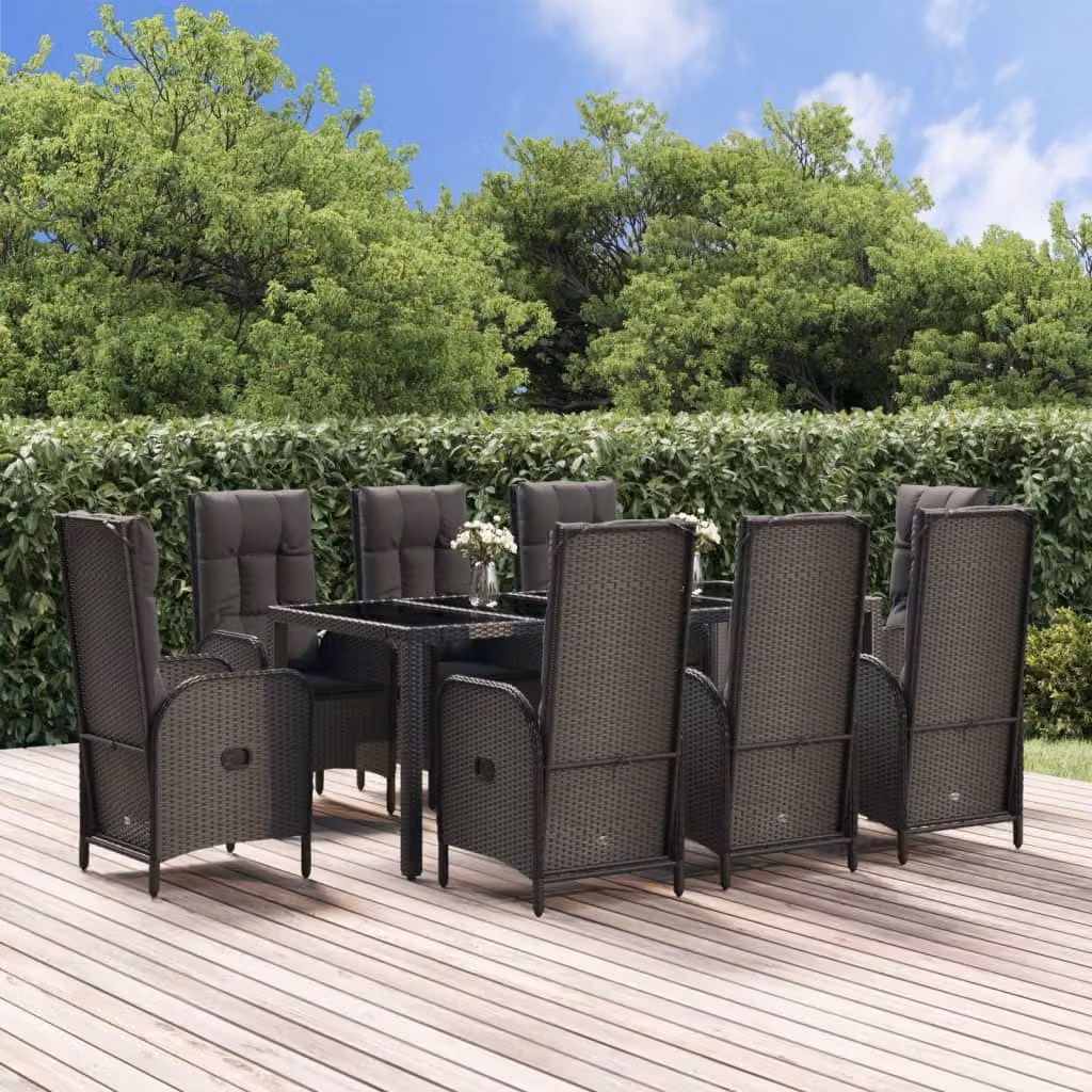 Maison Exclusive - Set da Pranzo Giardino 9pz con Cuscini Nero e Grigio Polyrattan