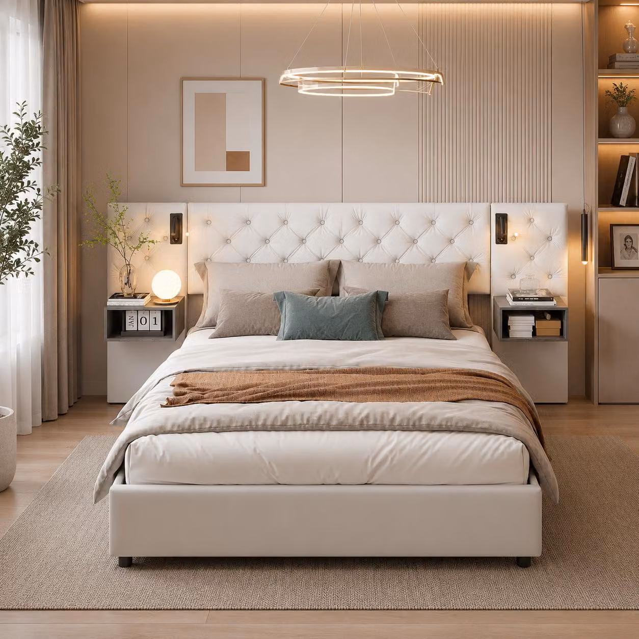 Letto imbottito idraulico INONEFT, 140x200 cm, con porta USB, letto singolo per ragazzi con lampada da comodino, letto a molle con 2 cassettiere laterali, rivestito in velluto, color beige