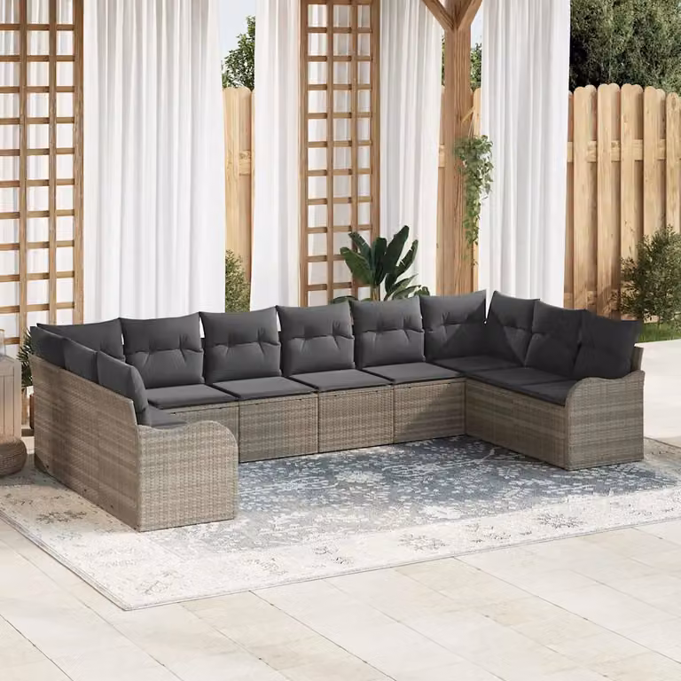 Set Divano da Giardino vidaXL 10 Pezzi a Forma di L in Polyrattan Grigio con Cuscini e Struttura in Acciaio Verniciato a Polvere