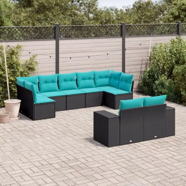 Set Divani da Giardino 9 pz con Cuscini Nero in Polyrattan 3223016