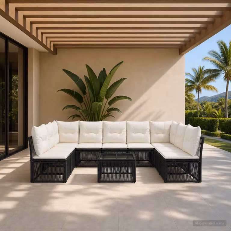 Set Divano da Giardino vidaXL 10 Pezzi a Forma di L con Tavolino Nero e Cuscini in Polyrattan e Acciaio