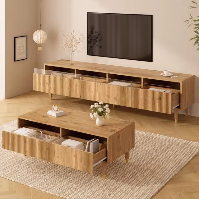 Mobile TV con Couchtisch ¨C MINIMAL ¨C Legno Oro, LED, 4 Ante, 2 Cassetti, Fronte Acrilico