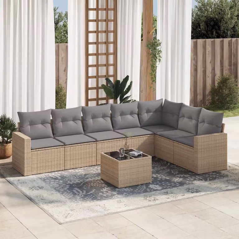 Set Divano da Giardino vidaXL 8 pz in Polyrattan Beige con Cuscini e Tavolino