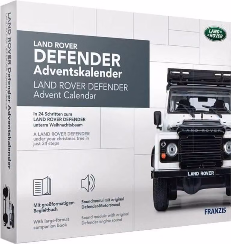 FRANZIS 67155 - Calendario dell'Avvento Land Rover Defender, modellino in metallo in scala 1:43, incl. modulo sonoro e libretto di 50 pagine